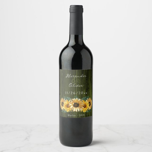 Rustic Green Sunflower Wedding Wine Label (Front)