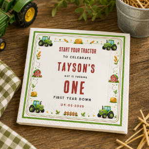 Rustic Green Tractor Farm First Year Down One Napkin
