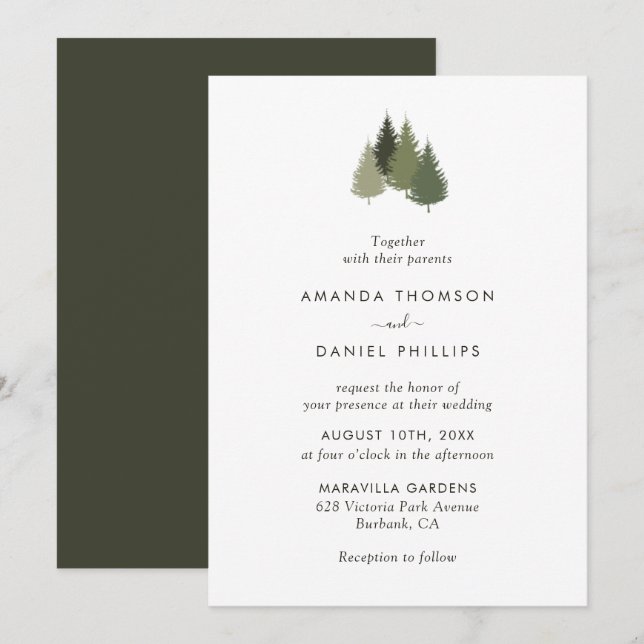 Rustic Green Tree Forest Wedding Invitations (Front/Back)