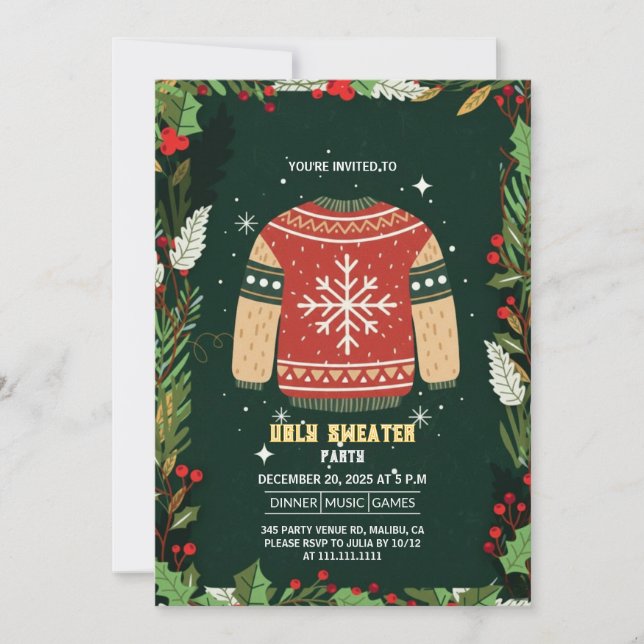 Rustic Green Ugly Christmas Sweater Party Invitation (Front)