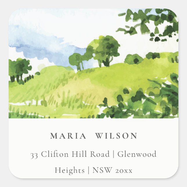 Rustic Green Watercolor Countryside Hills Address Square Sticker (Front)