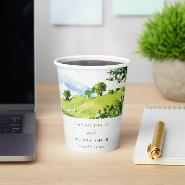 Rustic Green Watercolor Countryside Hills Wedding Paper Cups (Insitu)