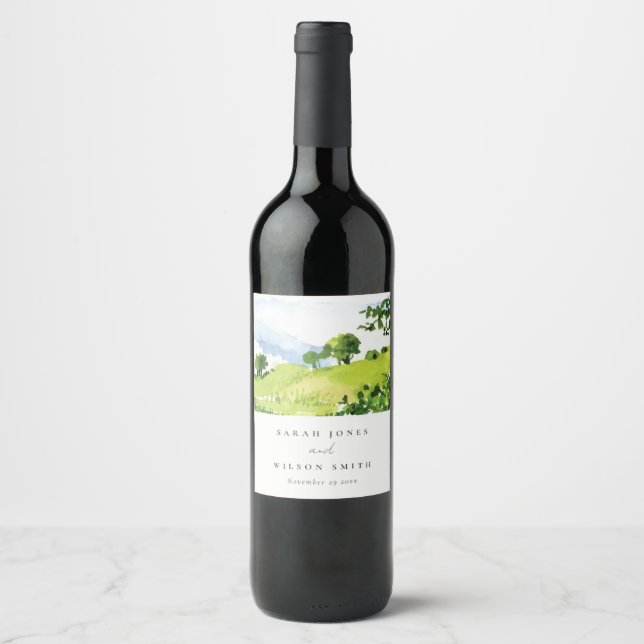 Rustic Green Watercolor Countryside Hills Wedding Wine Label (Front)