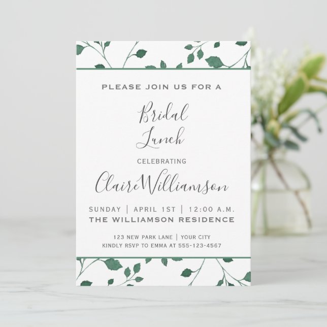 Rustic Green Watercolor Foliage | Bridal Lunch Invitation (Standing Front)