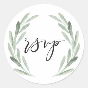 Rustic Green Watercolor Olive Branch Wreath RSVP Classic Round Sticker