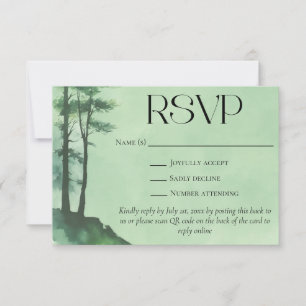 Rustic Green Watercolor Pine Trees QR Code Wedding RSVP Card