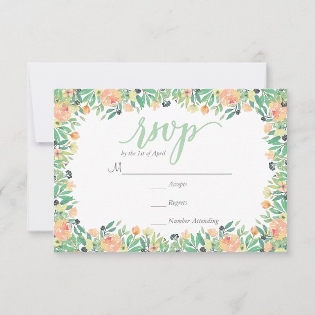 RUSTIC Green watercolor pink peonies  RSVP Card (Front)