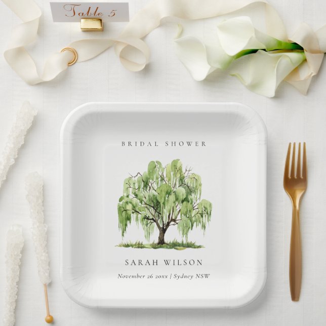 Rustic Green Watercolor Willow Tree Bridal Shower Paper Plate (Wedding)