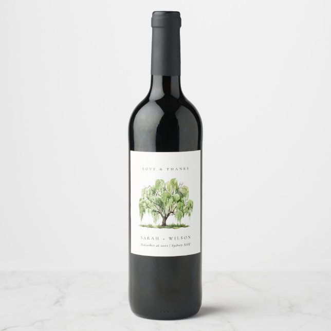 Rustic Green Watercolor Willow Tree Wedding Thanks Wine Label (Front)
