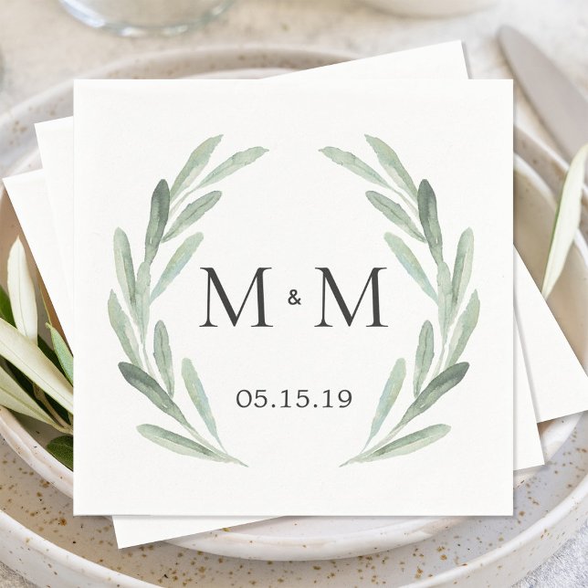 Rustic Green Watercolor Wreath Monogram Wedding Napkin (Creator Uploaded)