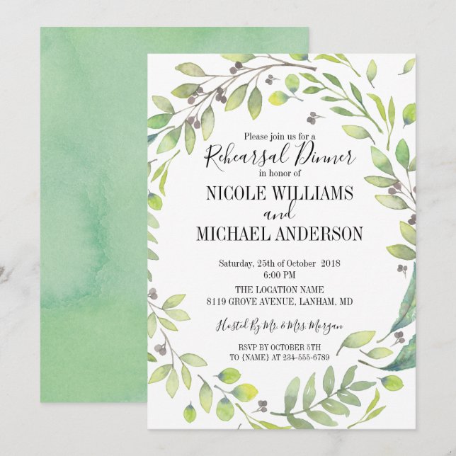RUSTIC Green watercolor WREATH Rehearsal Dinner Invitation (Front/Back)