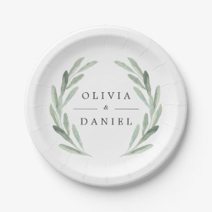 Rustic Green Watercolor Wreath Simple Wedding Paper Plate