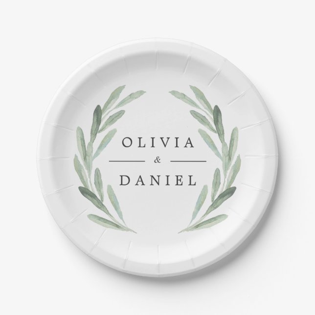Rustic Green Watercolor Wreath Simple Wedding Paper Plate (Front)