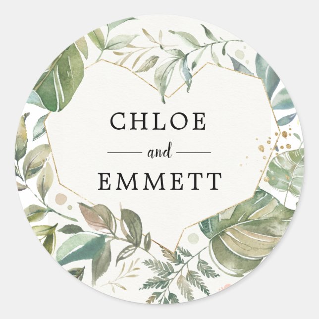 Rustic Green White Gold Botanical Heart Wedding Classic Round Sticker (Front)