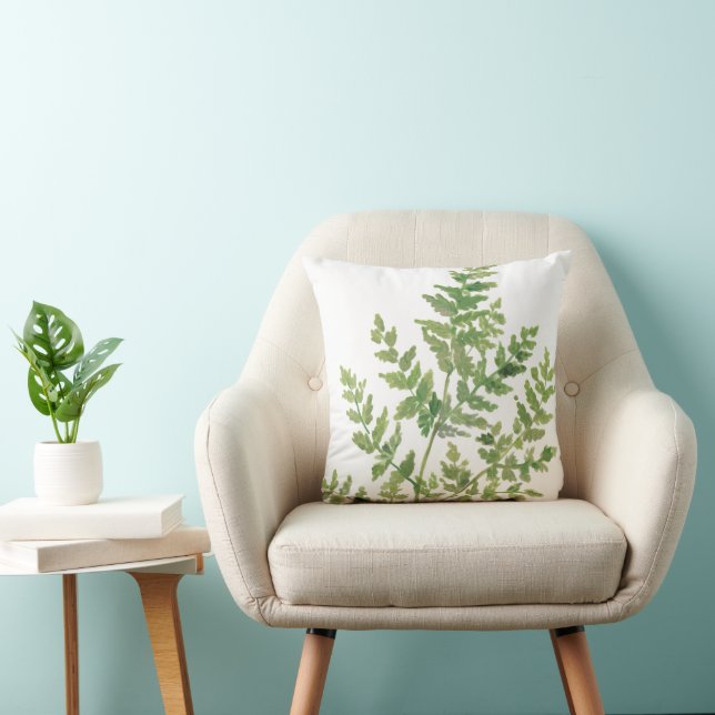 Rustic Green & White Watercolor Fern Simple Nature Throw Pillow (Chair)
