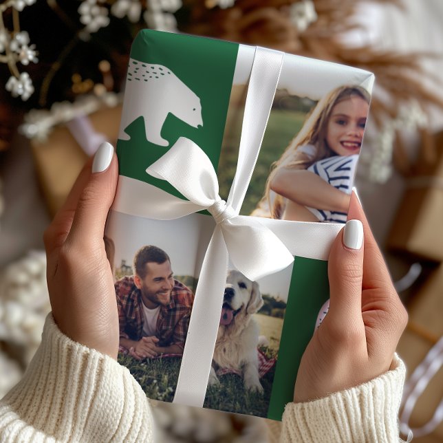 Rustic Green Winter Bears Photo Collage Christmas Wrapping Paper (Creator Uploaded)