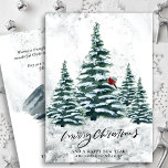 Rustic Green Winter Pine Trees Red Cardinal Bird Holiday Card<br><div class="desc">Rustic Green Winter Pine Trees Red Cardinal Bird Watercolor Holiday Card. Send holiday greetings to your loved ones with this simple and modern non-photo design festive, natural nature colour style cards! Featuring a snowy day in a mountain with tall, soft green painted watercolor forest pine trees and a winter red...</div>