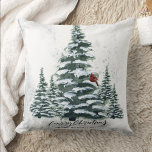 Rustic Green Winter Pine Trees Red Cardinal Bird  Throw Pillow<br><div class="desc">Rustic Green Winter Pine Trees Red Cardinal Bird Watercolor Holiday Christmas Throw Pillow. Celebrate holidays with this simple and modern non-photo design festive, natural nature colour style cards! Featuring a snowy day in a mountain with tall, soft green painted watercolor forest pine trees and a winter red bird on the...</div>