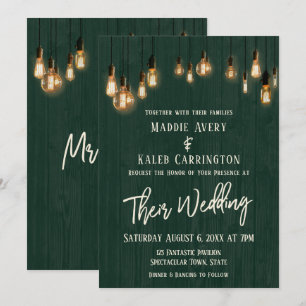 Rustic Green Wood Edison Lights Typography Wedding Invitation