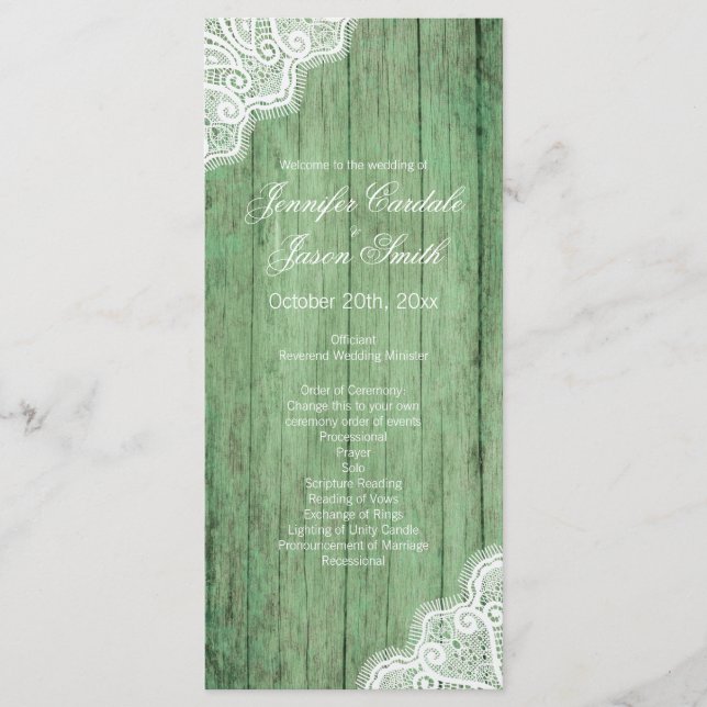 Rustic Green Wood Lace Vertical Wedding Programs (Front)