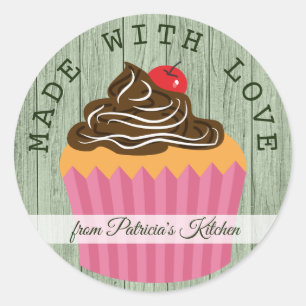 Rustic Green Wood Made With Love Cupcake Classic Round Sticker