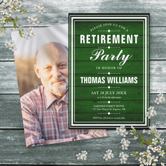 Rustic Green Wood Panels Photo Retirement Party Invitation (Rustic Green Wood Panels Photo Retirement Party Invitation)