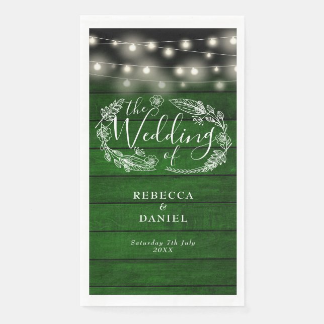 Rustic Green Wood String Lights Floral Wedding Napkin (Front)
