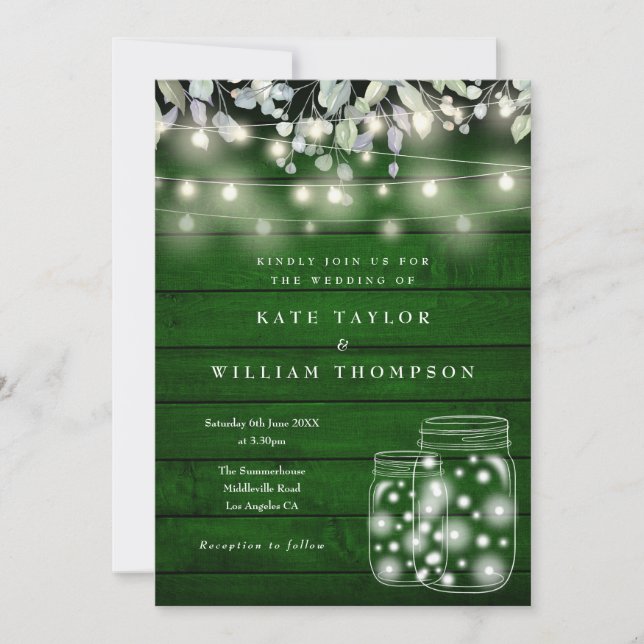 Rustic Green Wood String Lights Mason Jar Wedding Invitation (Front)