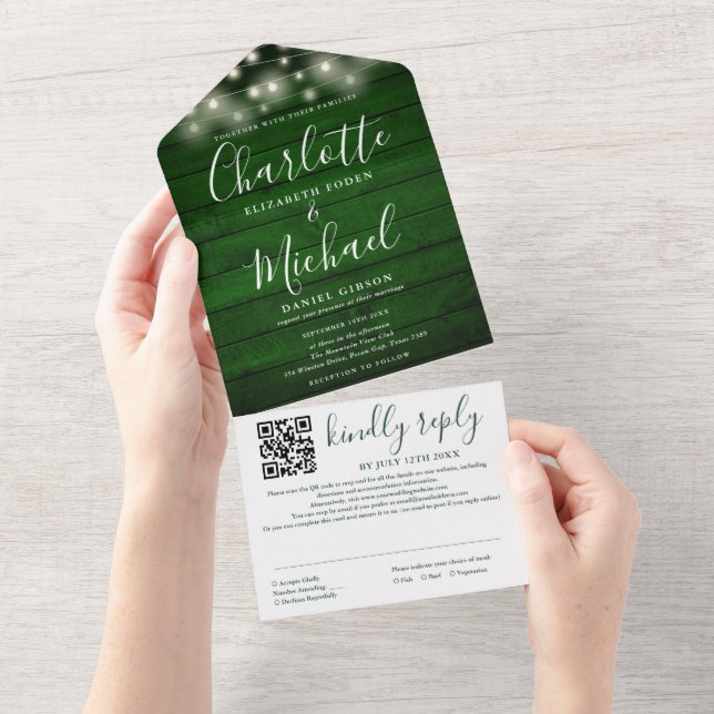 Rustic Green Wood String Lights QR Code Wedding  All In One Invitation (Tearaway)