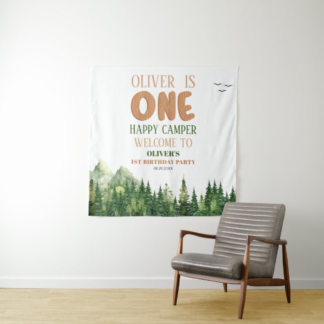 Rustic Green Woodland Happy Camper First Birthday Tapestry (In Situ)