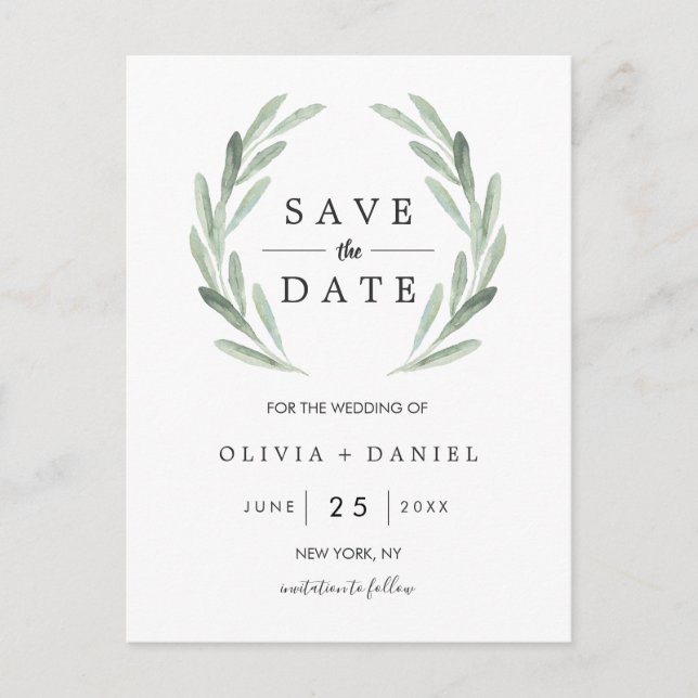 Rustic Green Wreath Simple Wedding Save the Date Announcement Postcard (Front)