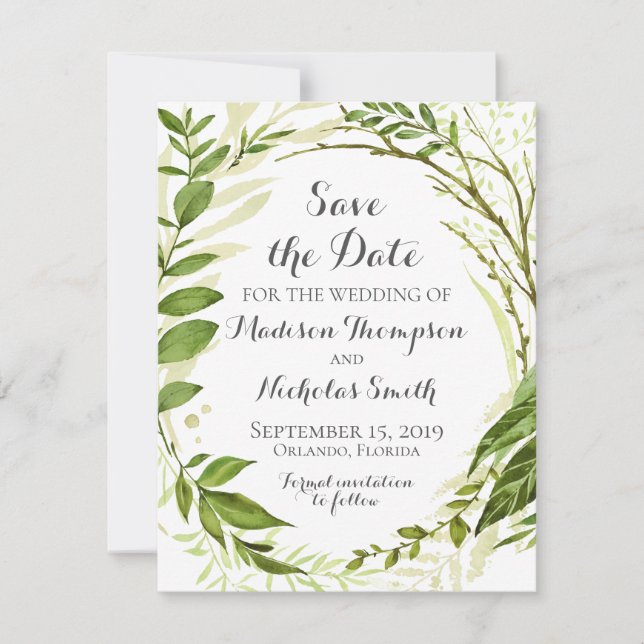 Rustic Green Wreath Wedding Save The Date Card (Front)