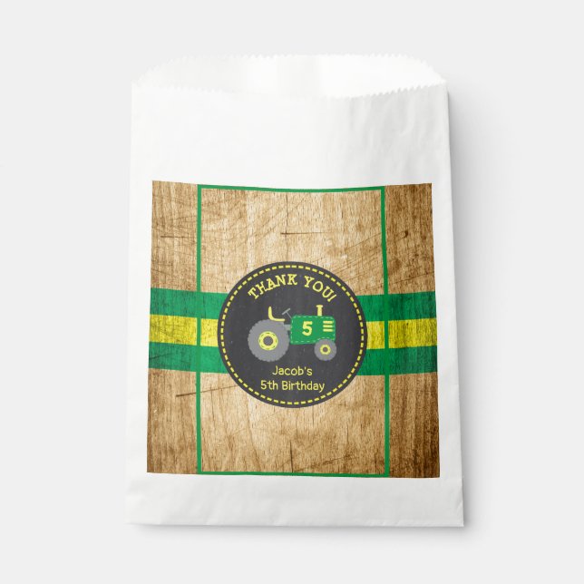 Rustic Green & Yellow Tractor Birthday Party Favour Bag (Front)