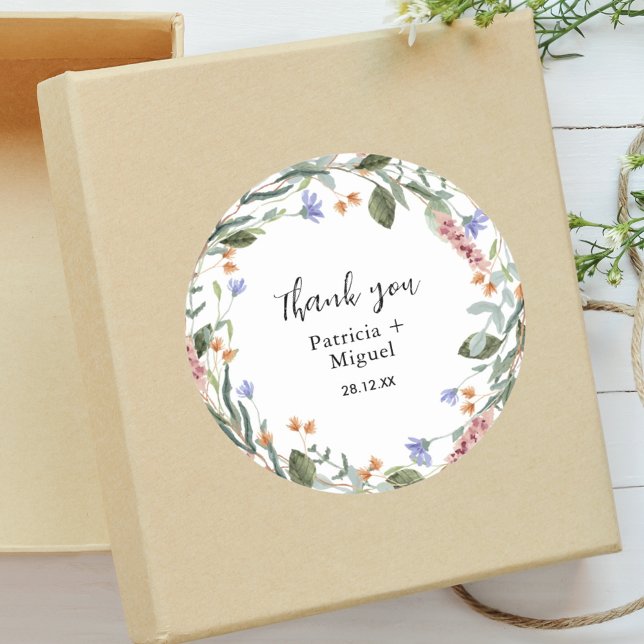 Rustic Greenary Wildflower Leaf Wedding Thank You Classic Round Sticker (Creator Uploaded)