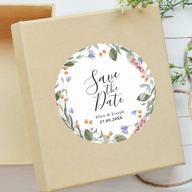 Rustic Greenary Wildflower Wedding Save The Date Classic Round Sticker (Creator Uploaded)