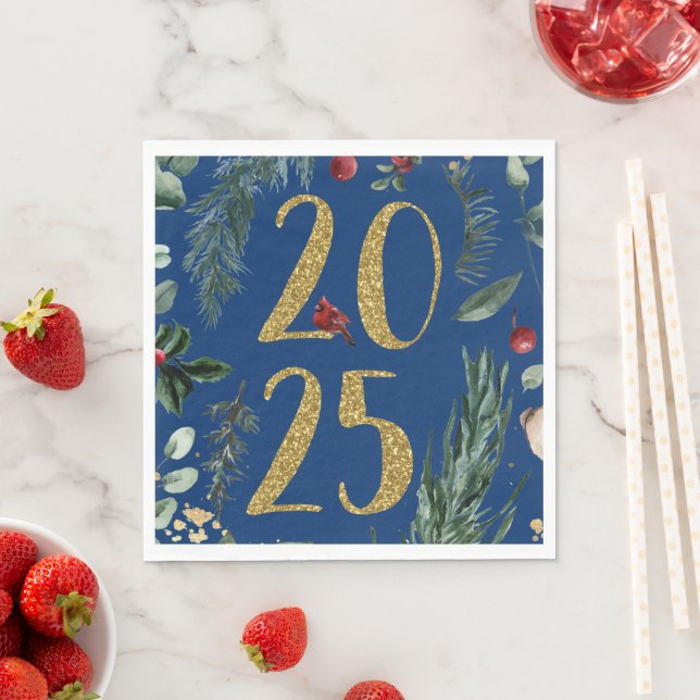 Rustic Greenery 2025 Blue New Years Holiday  Napkin (Insitu)