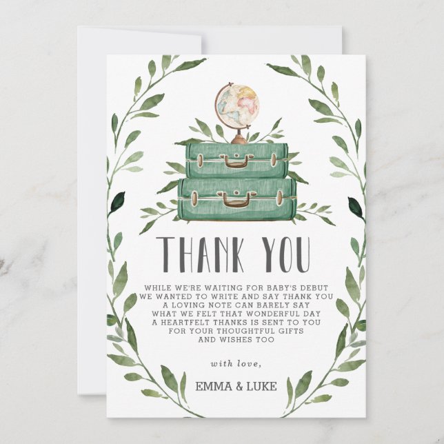 Rustic Greenery Adventure Baby Shower Suitcase Thank You Card (Front)