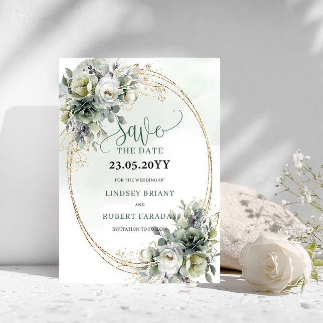 Rustic Greenery and Gold Save The Date Card (Rustic Greenery and Gold Save The Date Card)