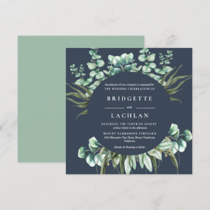 Rustic Greenery and Navy Eucalyptus SQ Wedding Invitation