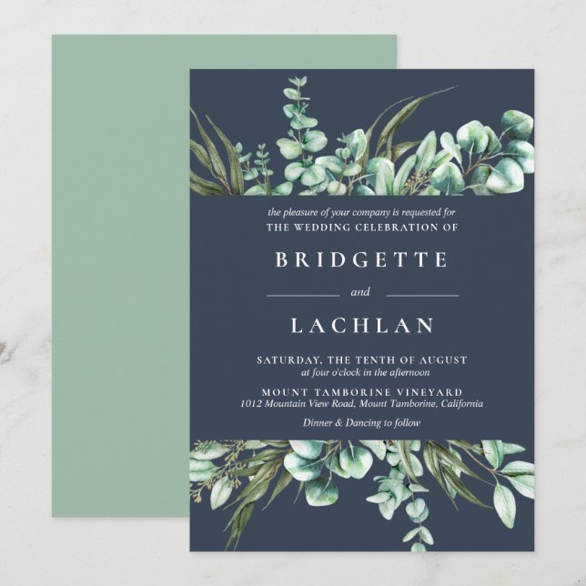 Rustic Greenery and Navy Eucalyptus Wedding Invitation (Front/Back)