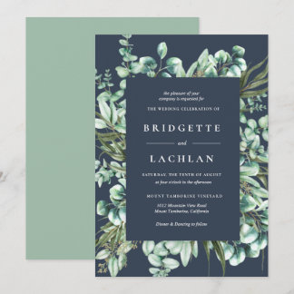 Rustic Greenery and Navy Eucalyptus Wedding Invitation
