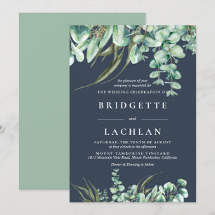 Rustic Greenery and Navy Eucalyptus Wedding Invitation