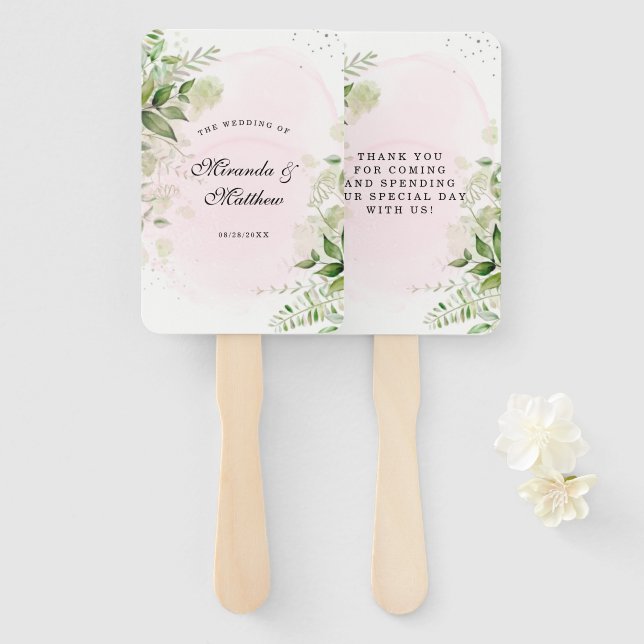 Rustic Greenery Blush Pink Wedding Thank You Hand Fan (Front and Back)