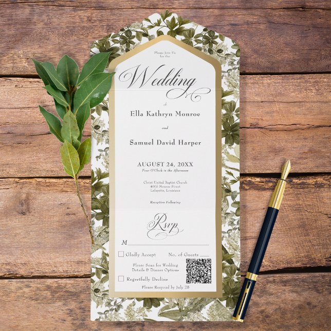 Rustic Greenery Botanical Gold Frame QR Code All In One Invitation (Creator Uploaded)