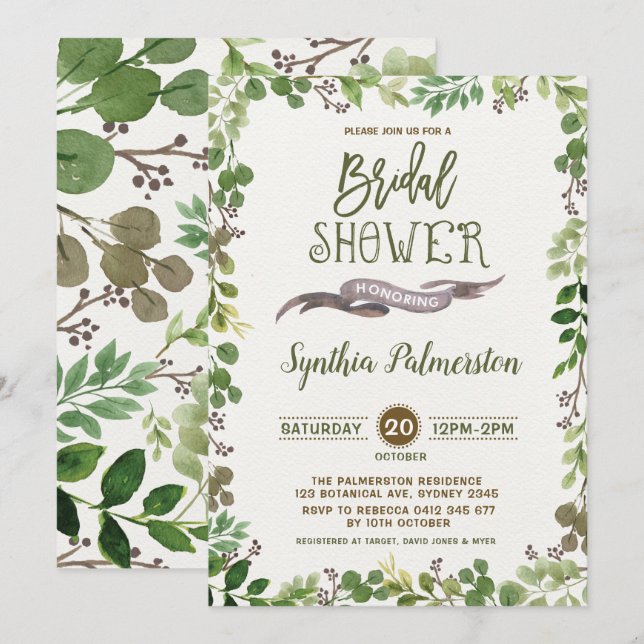 Rustic Greenery Bridal Shower Invitation Botanical (Front/Back)