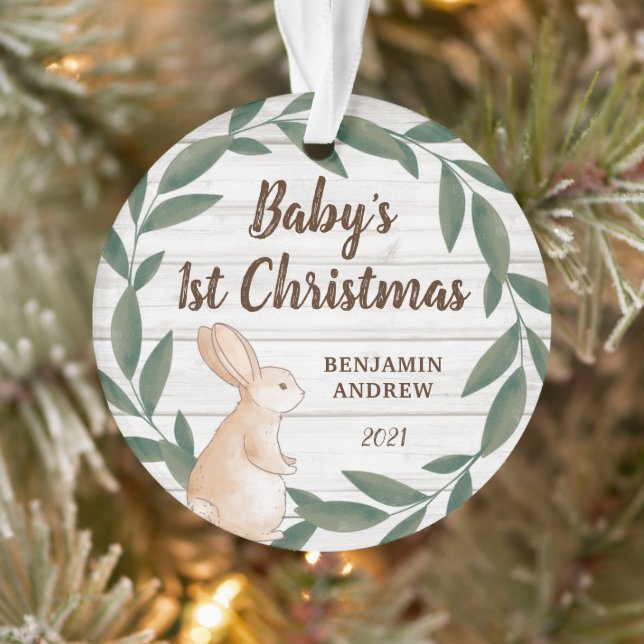 Rustic Greenery Bunny Baby's First Christmas Photo Ornament (Tree)