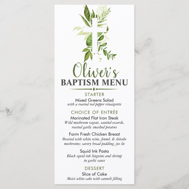 Rustic Greenery Cross Boy Baptism Custom Event Menu (Front)