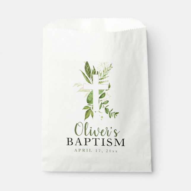 Rustic Greenery Cross Boy Baptism Favour Bag (Front)