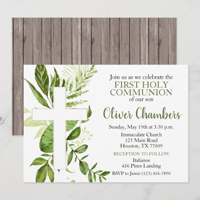 Rustic Greenery Cross Boy First Holy Communion Invitation (Front/Back)
