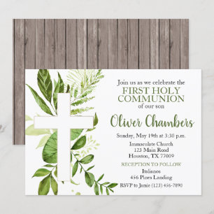 Rustic Greenery Cross Boy First Holy Communion Invitation